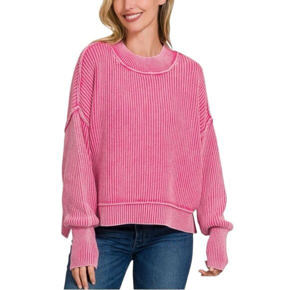 316. Women's Pink Acid Wash Oversized Cropped Ribbed Crewneck Sweater NEW - Picture 1 of 1